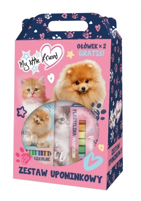 Zestaw plastyczny wyprawka kredki farby plastelina zeszyty kotek kot