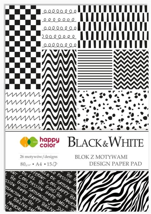 blok z motywami Black& white geometryczne wzory A4 15ark. 80g 26 wzorów