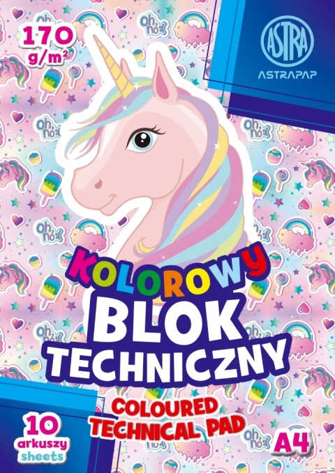 Blok techniczny A4 10 k 170g 10 kolorów kolorowy Jednorożec Astra