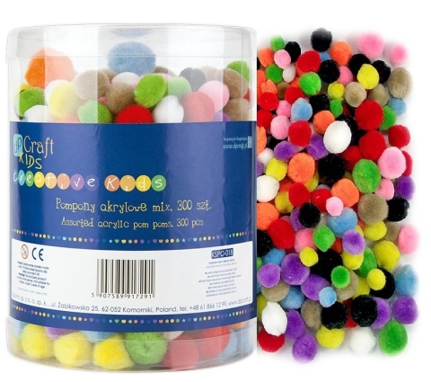 Pompony akrylowe mix kolorów 1,5 2 2,5 cm 300 szt.