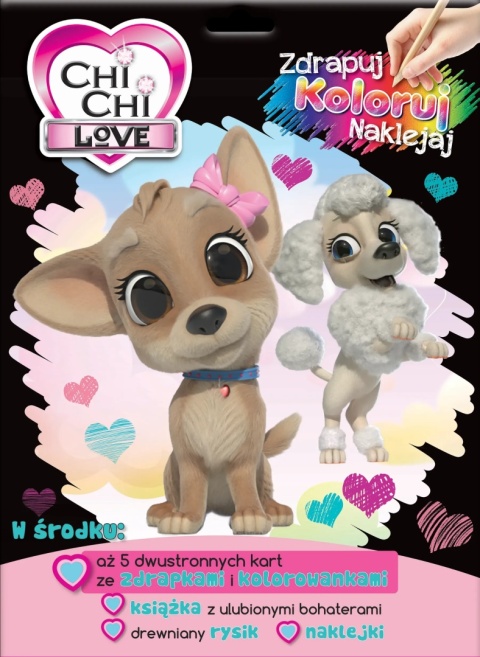 Wydrapywanka + rysik dwustronne zdrapki z kolorowanką PIESKI chi chi love