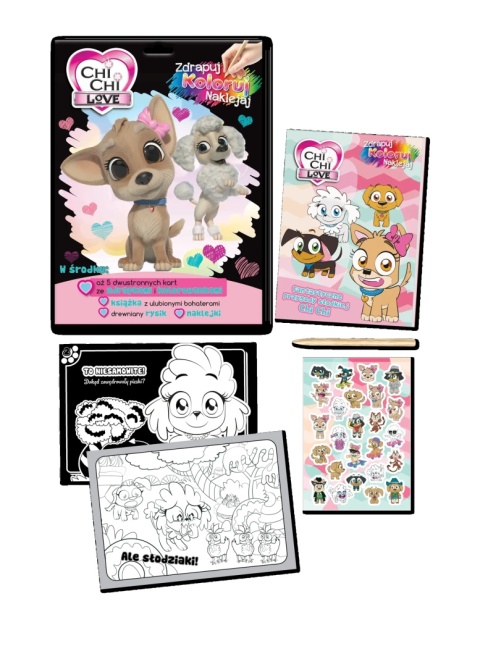 Wydrapywanka + rysik dwustronne zdrapki z kolorowanką PIESKI chi chi love