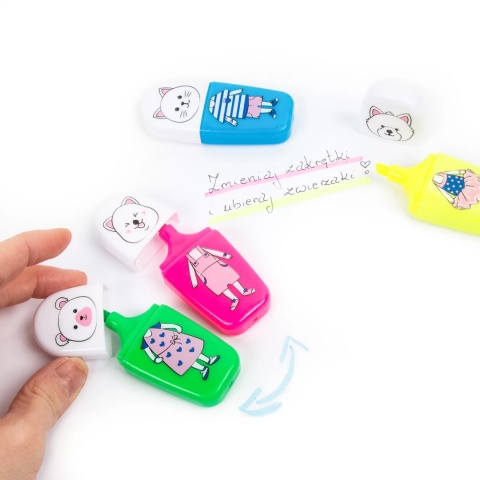 Zakreślacze mini pisaki neonowe 4 kolory zwierzaki Kidea