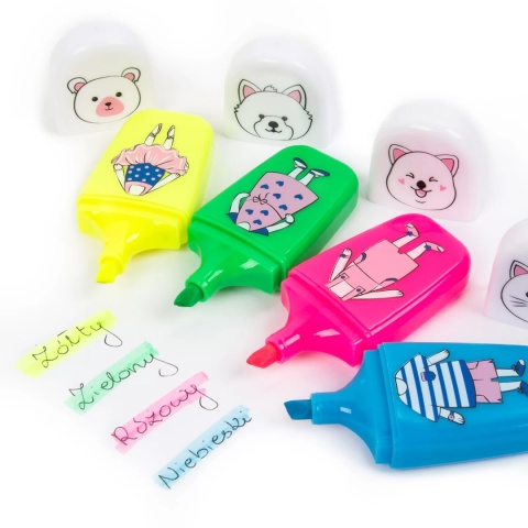 Zakreślacze mini pisaki neonowe 4 kolory zwierzaki Kidea