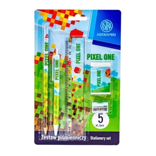 Zestaw 5 el ołówek linijka długopis gumka temperówka PIXEL ONE dla gracza