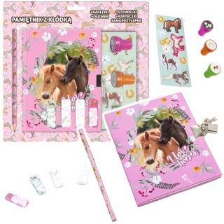 Pamiętnik z kłódką i stempelkami + zestaw przyborów Konie