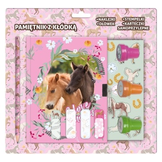 Pamiętnik z kłódką i stempelkami + zestaw przyborów Konie