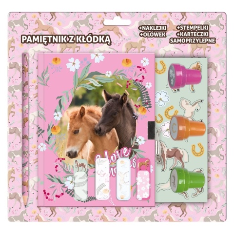 Pamiętnik z kłódką i stempelkami + zestaw przyborów Konie