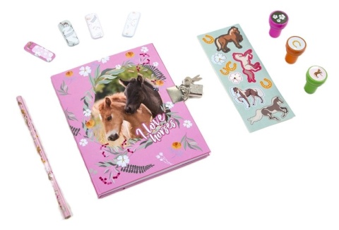 Pamiętnik z kłódką i stempelkami + zestaw przyborów Konie