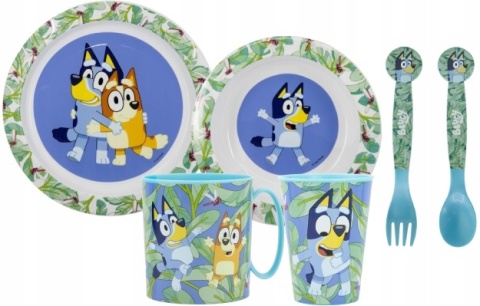 Bingo i Bluey zestaw śniadaniowy Blue talerz miska 2 x kubek sztućce
