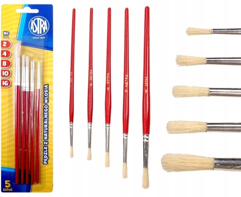 Zestaw 5 szt pędzelków pędzle malarskich z naturalnego włosia okrągłe Astra