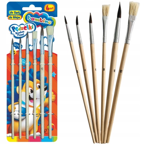 Zestaw 6 sztpędzli pędzelek BAMBINO naturalne włosie
