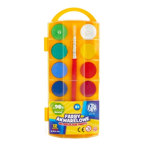 Farby akwarelowe szkolne 12 kolory śr pastylki 23,5 mm + pędzel Astra
