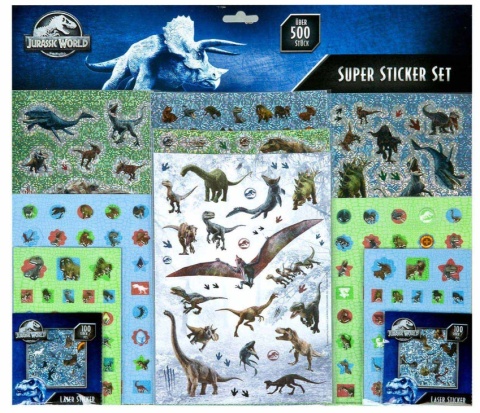 Naklejki metaliczne wypukłe JURASSIC WORLS dinozaury 500 SZT