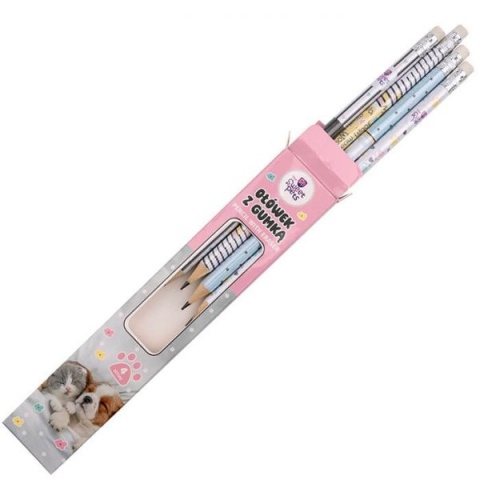 Ołówek z gumką HB Sweets Pets kot pies komplet w kartoniku 4 szt