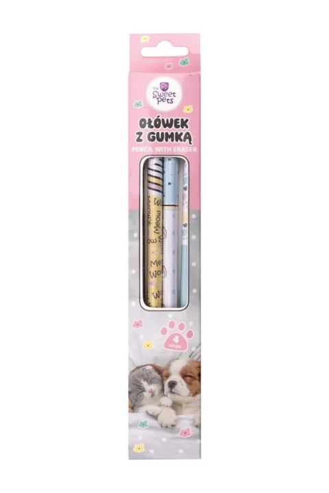Ołówek z gumką HB Sweets Pets kot pies komplet w kartoniku 4 szt