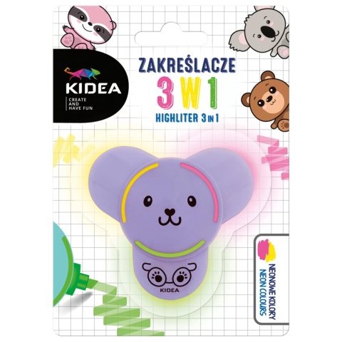 ZAKREŚLACZE 3W1 KIDEA MIŚ neonowe kolory 1 szt mix