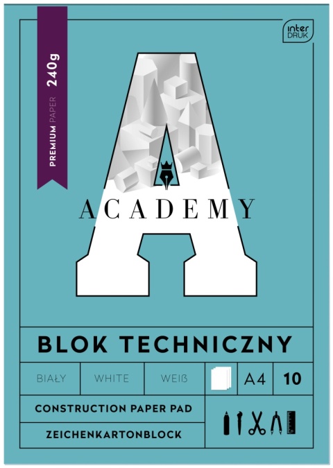 Blok techniczny A4 240 g/m2 10 kartek biały gruby INTERDRUK ACADEMY