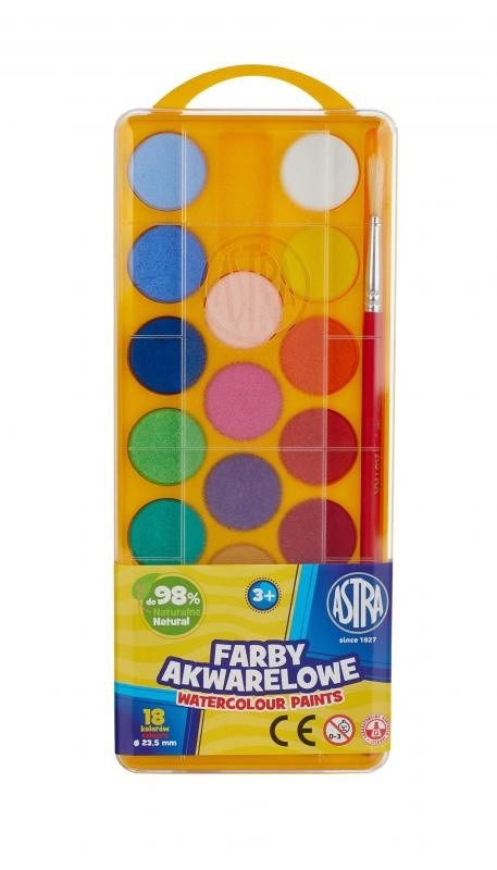 Farby akwarelowe szkolne 18 kolorów śr pastylki 23,5 mm + pędzel Astra