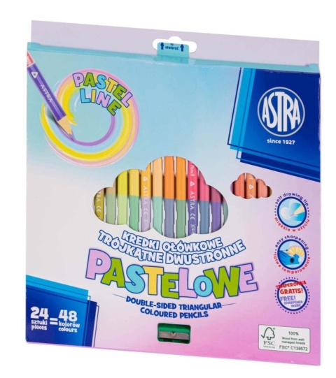 Kredki ołówkowe trójkątne dwustronne 48 kol + temperówka 24/48 Astra PASTEL