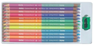 Kredki ołówkowe trójkątne dwustronne Pastel 24 kolorów + temperówka Astra