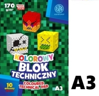 Blok techniczny A3 10 k 170g 10 kolorów kolorowy pixel one game Astra A3