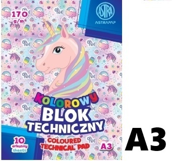 Blok techniczny A3 10 k 170g 10 kolorów kolorowy unicorn Astra A3