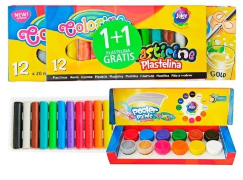 Farby plakatowe 20 ml 12 kolorów złota srebrna + plastelina Colorino