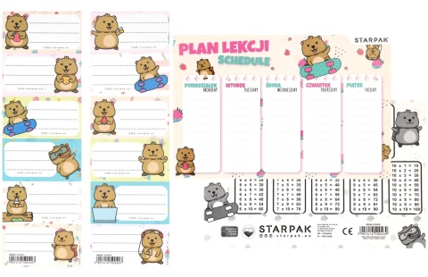 Naklejki nalepki na zeszyty 12 szt plan lekcji tabliczka mnożenia Kuoka miś