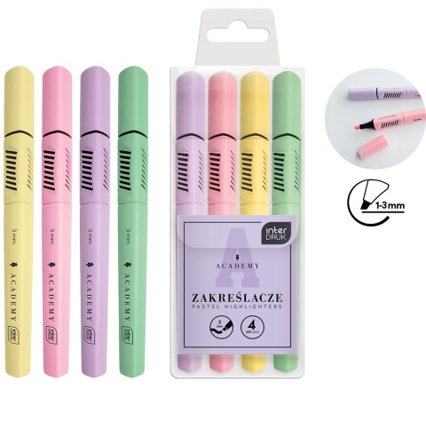 Zakreślacze trójkątne ścięta końcówka 4 kolory Pastel Academy Interdruk