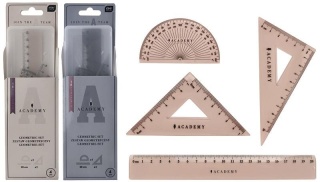 Zestaw geometryczny 4 el. w etui, linijka 20cm ekierka Academy, Interdruk