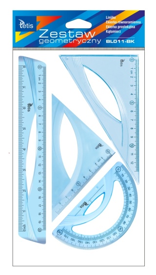 Zestaw geometryczny 4 elementy linijka 20 cm ekierka kątomierz blue Tetis