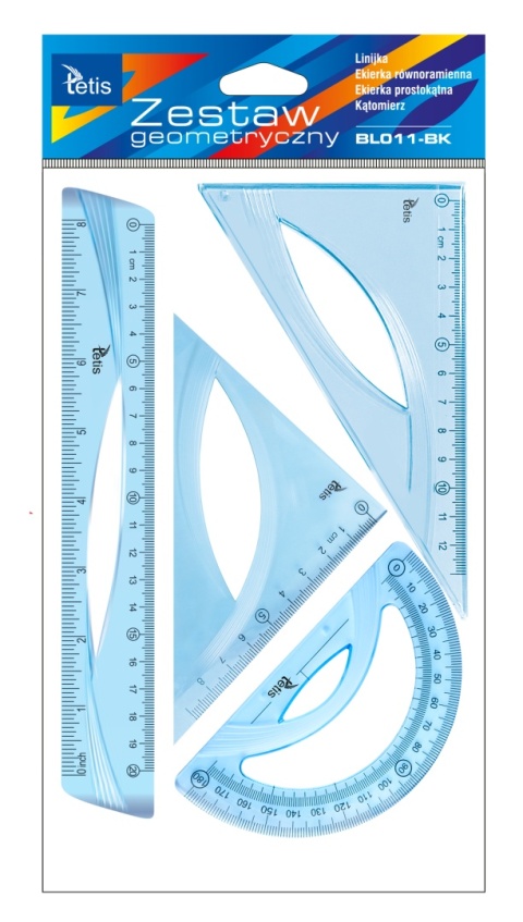 Zestaw geometryczny 4 elementy linijka 20 cm ekierka kątomierz blue Tetis