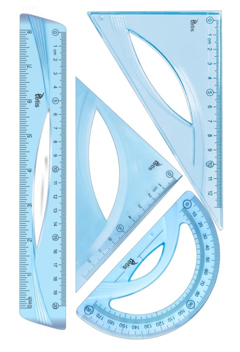 Zestaw geometryczny 4 elementy linijka 20 cm ekierka kątomierz blue Tetis
