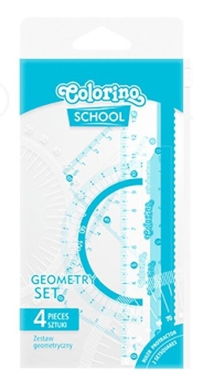 Zestaw geometryczny 4 elementy linijka 15 cm ekierka kątomierz Colorino