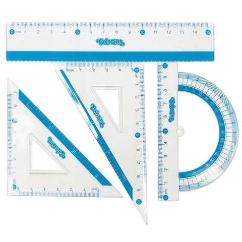 Zestaw geometryczny 4 elementy linijka 15 cm ekierka kątomierz Colorino