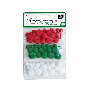 Pompony mix czerwony zielony biały CHRISTMAS 60 szt., Interdruk