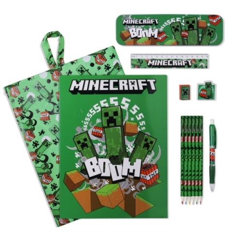 Zestaw saszetka piórnik kredki gumka długopis linijka notes Minecraft