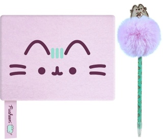 Notatnik pamiętnik pluszowy fioletowy + długopis z pomponem kot Pusheen A5