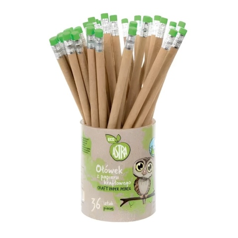Ołówek okrągły HB z papieru kraftowego z gumką ECO w kubku 36 sztuk