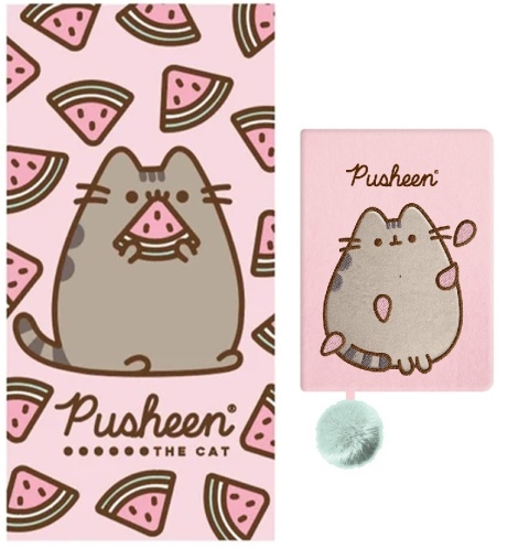 Zestaw na prezent ręcznik 140x70 + pamiętnik pluszowy 96k A5 kot Pusheen
