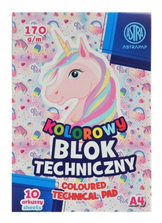 Blok techniczny A4 10 k 170g kolorów barwiony w masie Jednorożec Astra