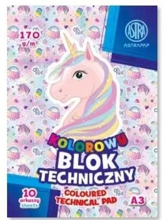Blok techniczny A4 10 k 170g kolorów barwiony w masie Jednorożec Astra