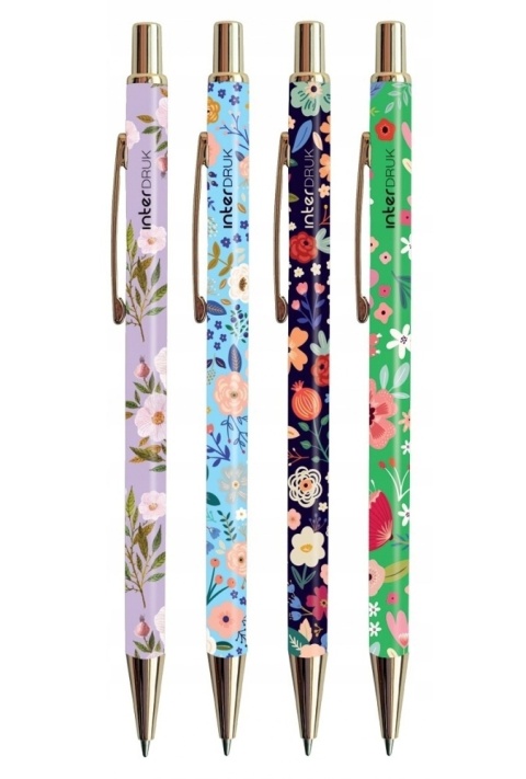 Długopis pół-żelowy niebieski metalowy Interdruk Garden kwiaty 0,7 mm 4 szt