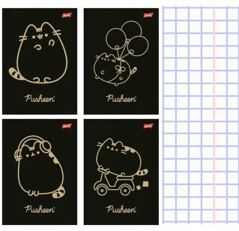 Zeszyt w kratkę A5 Pusheen kotek czarny mix wzorów 60 kartek zestaw 4szt