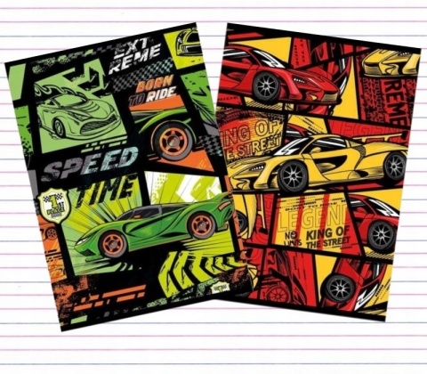 Zeszyt A4 32k do nauki pisania trzy linia kolorowa Auta wyścigówki