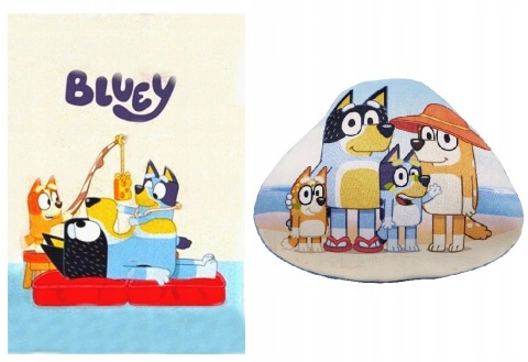 Kocyk koc polarowy 100x140 + poduszka kształtka Bluey i Bingo Blue plaża