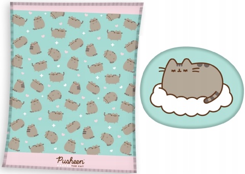 Kocyk koc welur puchaty 150x200 + poduszka kształtka kot miętowy PUSHEEN