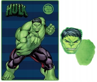 Kocyk polarowy 100x140 + mini poduszka Przytulanka kształtka Avengers HULK