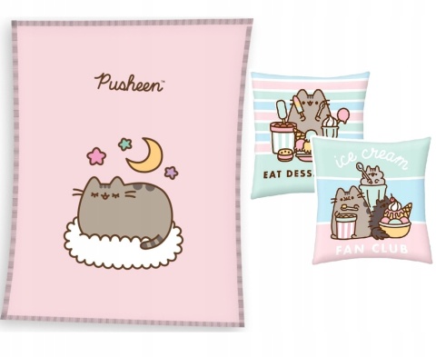 PUSHEEN kot kotek kocyk koc welur puchaty różowy 130X160 + poduszka 40x40